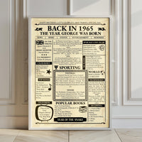 Framed vintage 1965 newspaper style poster leaning against a panelled wall, personalised with a name