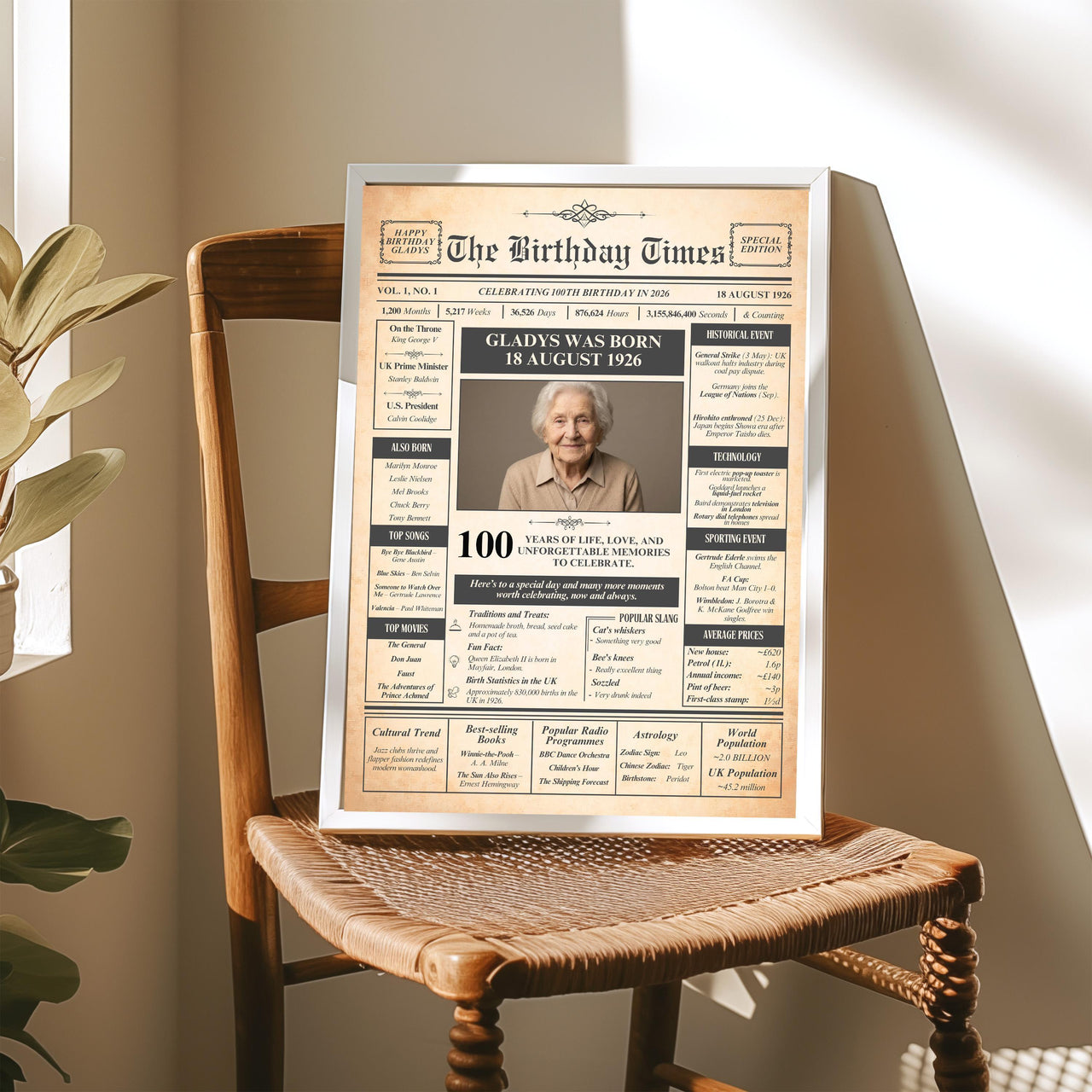 Framed 100th birthday photo poster standing on rush seat wooden chair next to plant