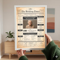 Hands holding white framed 100th birthday poster in living room with sideboard and plant