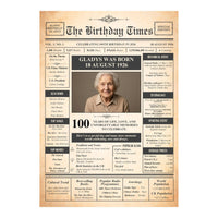 Unframed 100th birthday front page print sample showing photo, 18 August 1926 and facts from that year