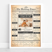 40th ruby anniversary newspaper style poster in a white frame with couple photo, names and 1986 wedding date