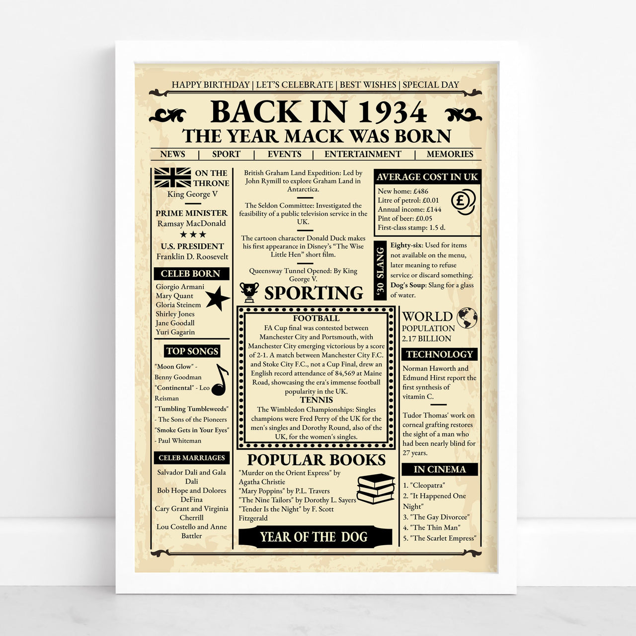 White framed Back in 1934 front page poster with news, sport, top songs and prices from that year