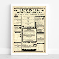 White framed Back in 1934 front page poster with news, sport, top songs and prices from that year
