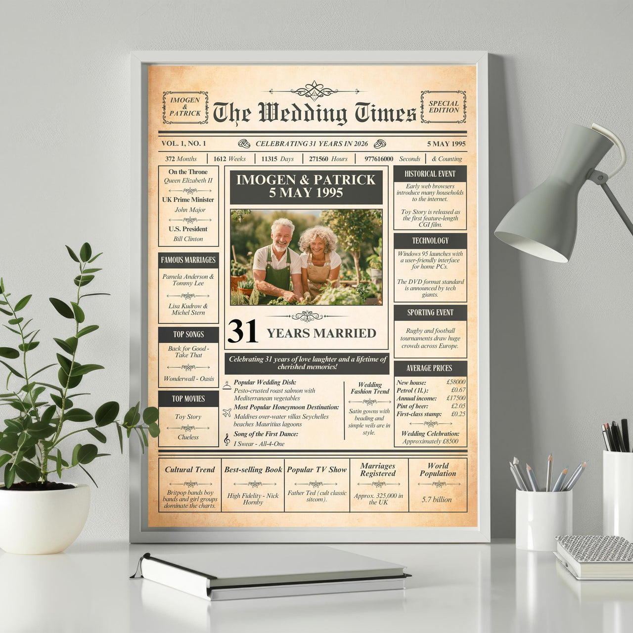 Framed 31 years married newspaper style poster leaning on a white desk beside a lamp and potted plant