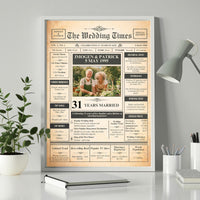 Framed 31 years married newspaper style poster leaning on a white desk beside a lamp and potted plant