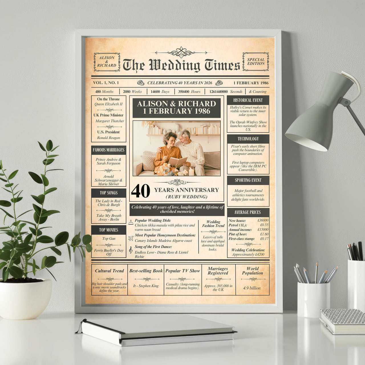 Silver framed 40th anniversary newspaper style poster on a desk beside a plant, lamp and notebook