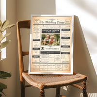 Personalised anniversary poster in a light frame resting on a wooden chair in warm sunlight
