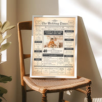 Silver framed 40th anniversary newspaper style poster with wedding photo standing on a wicker seat chair