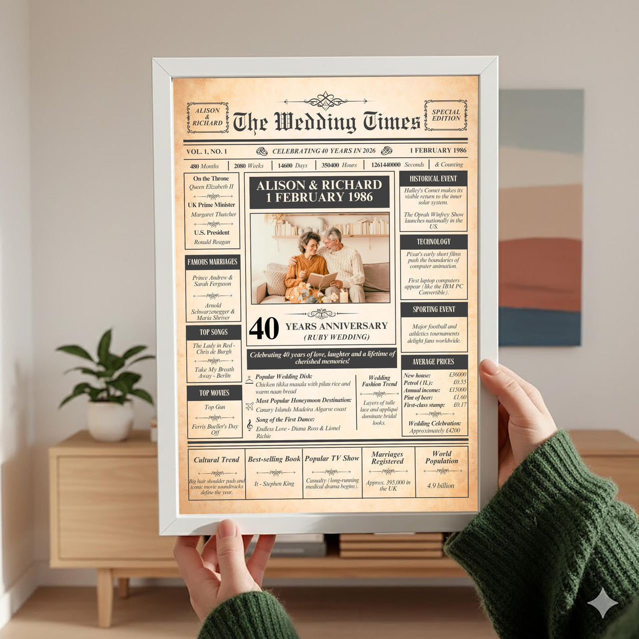 Hands holding a white framed ruby anniversary newspaper style poster in a living room with a plant