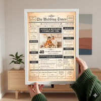 Hands holding a white framed ruby anniversary newspaper style poster in a living room with a plant