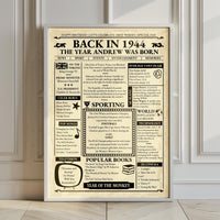1944 birthday newspaper print in a white frame leaning against a panelled wall on a wooden floor