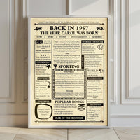 Back in 1957 front page style birthday poster in a white frame leaning on a panelled wall above a wooden floor