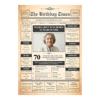 Unframed 70th birthday front page design with a photo, name, birth date and facts from 1956