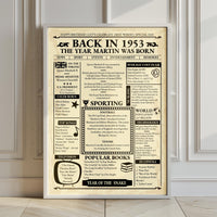 Large framed 1953 newspaper style birthday print leaning against a panelled wall on a wooden floor