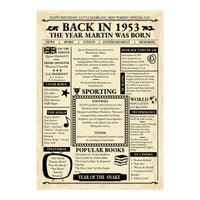Full view of the unframed 1953 newspaper style print showing the name headline and year facts in black on cream