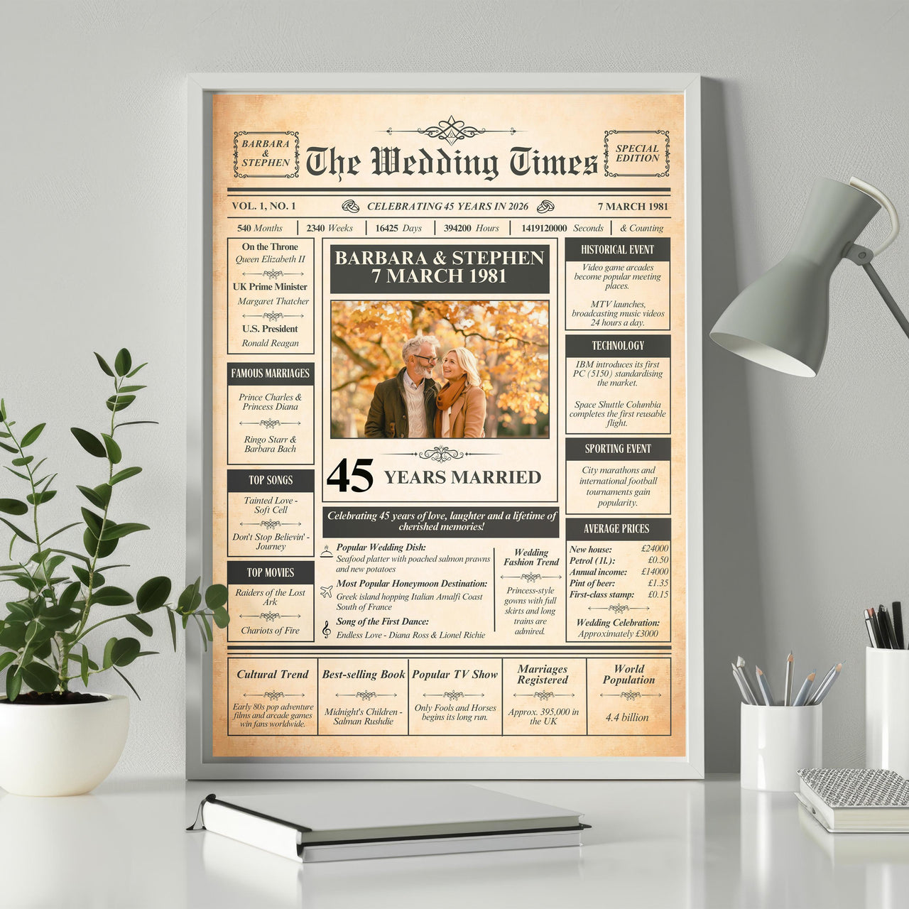 Framed 45th wedding anniversary newspaper poster beside a plant and desk lamp, couple photo at the centre