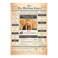 Unframed 45th anniversary newspaper style design with couple photo, 1981 wedding date, prices and events of the year