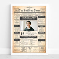 16th birthday front page poster in a white frame with a teenager photo, name and birth date