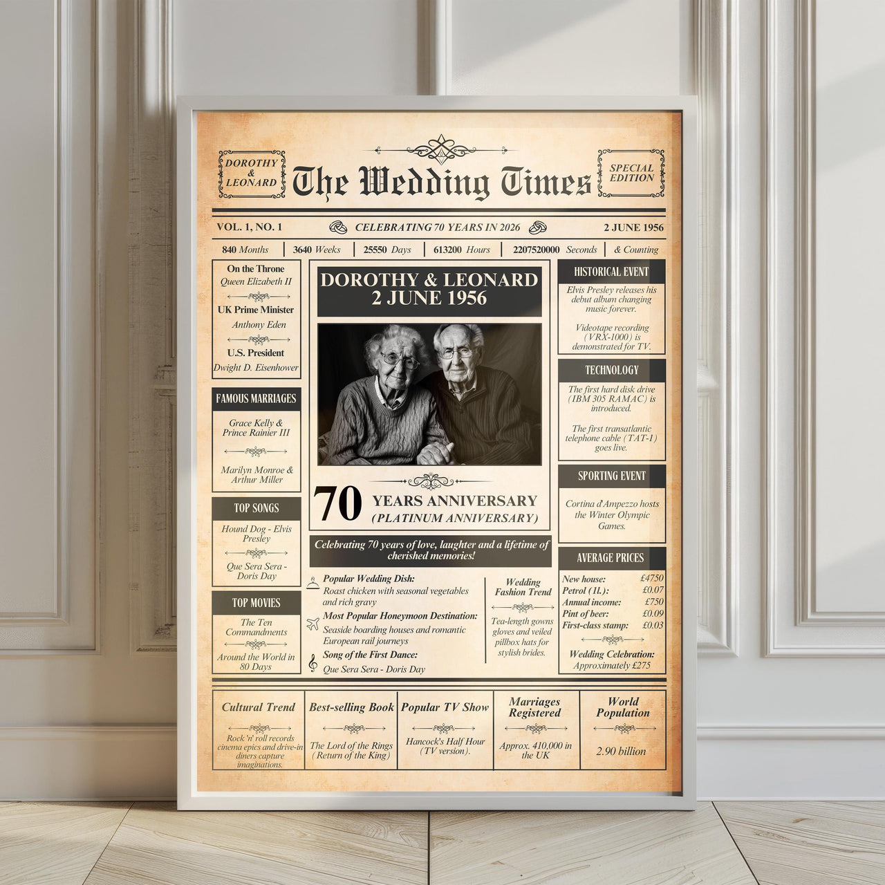 Large white framed platinum anniversary poster leaning against a panelled wall on a wooden floor