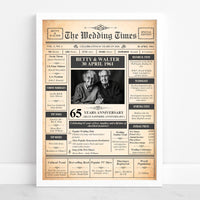 65th blue sapphire anniversary newspaper style poster in white frame with couple photo, names Betty and Walter