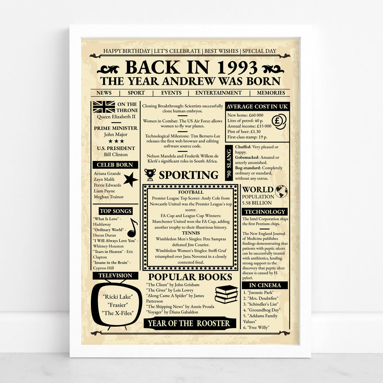 Framed 1993 retro newspaper print reading 'The year Andrew was born' on aged cream paper, standing against a white wall