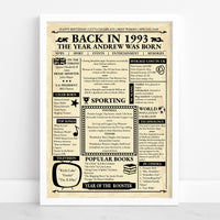 Framed 1993 retro newspaper print reading 'The year Andrew was born' on aged cream paper, standing against a white wall
