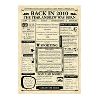 Full view of the 2010 newspaper style birthday design with name headline, year facts and Year of the Tiger banner