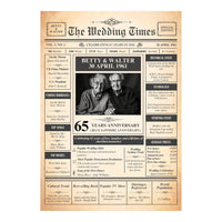 Unframed 65th anniversary newspaper style print showing couple photo, wedding date and facts from 1961
