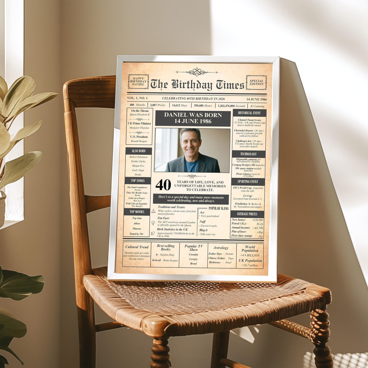 40th birthday front page poster with photo in a silver frame on a rush seat chair in soft sunlight