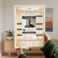 Hands in a green jumper holding a white framed 40th birthday newspaper print in a living room