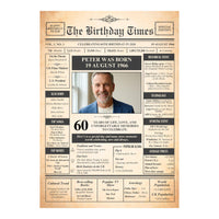 Unframed 60th birthday front page design, aged paper look with name, birth date, central photo and 1966 facts