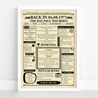 White framed 1972 front page style poster with news, top songs, television and average prices