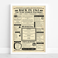 White framed Back in 1963 newspaper poster with a name, average prices, sport, songs and cinema facts