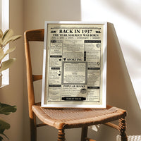 Framed 1937 front page print on a woven wooden chair in warm window light next to a houseplant