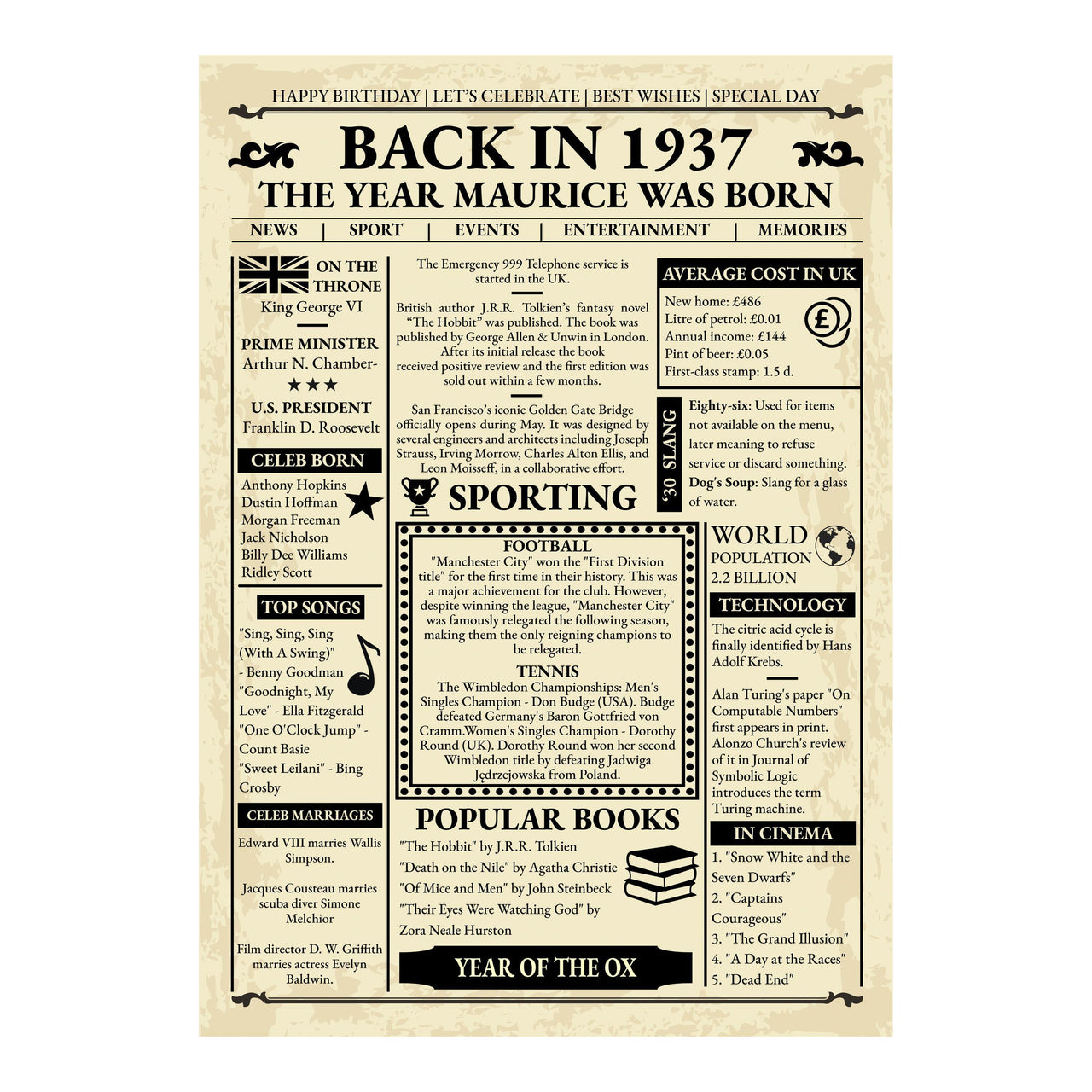 Unframed Back in 1937 newspaper design in black on cream with Year of the Ox, prices and cinema of the year