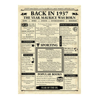 Unframed Back in 1937 newspaper design in black on cream with Year of the Ox, prices and cinema of the year