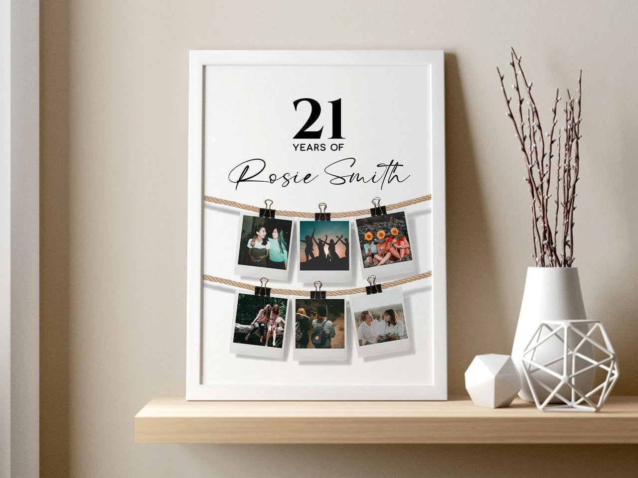 Personalised 21st birthday photo collage print with six photos clipped to two strings in a white frame on a shelf