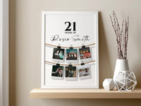 Personalised 21st birthday photo collage print with six photos clipped to two strings in a white frame on a shelf
