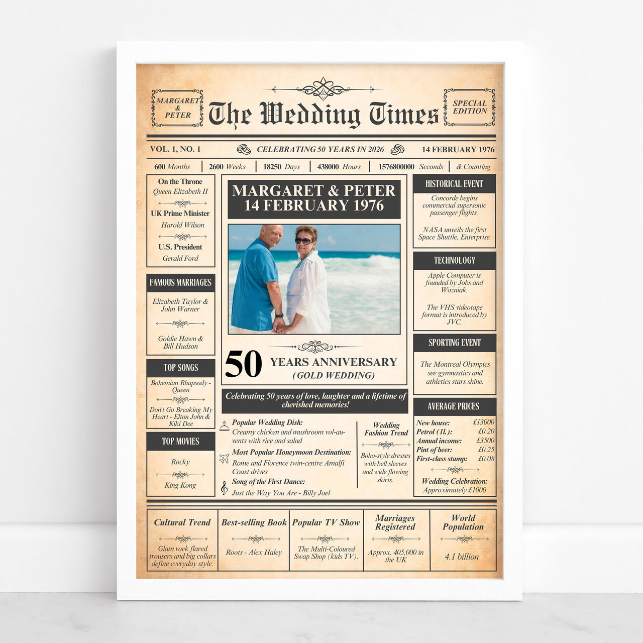 50th golden wedding anniversary newspaper style poster in a white frame with couple photo, names and wedding date