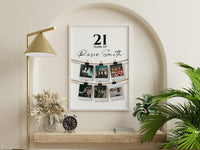 21st birthday photo collage poster with a name and instant style photos, framed above a shelf beside a brass lamp