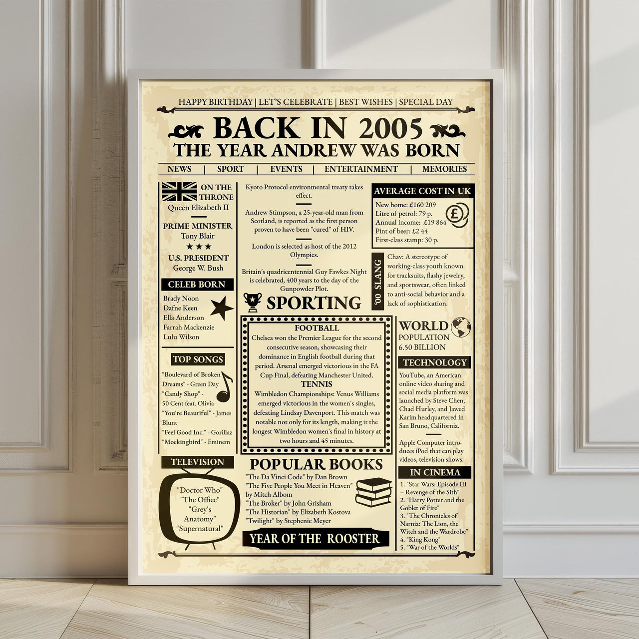 Born in 2005 personalised newspaper poster in a white frame leaning on a panelled wall on a wooden floor