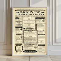 Born in 2005 personalised newspaper poster in a white frame leaning on a panelled wall on a wooden floor