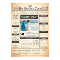 Full view of the 50th anniversary newspaper print design with couple photo, 1976 facts, prices and events