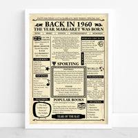 Back in 1960 front page style print in a white frame, headline The Year Margaret Was Born on a cream page