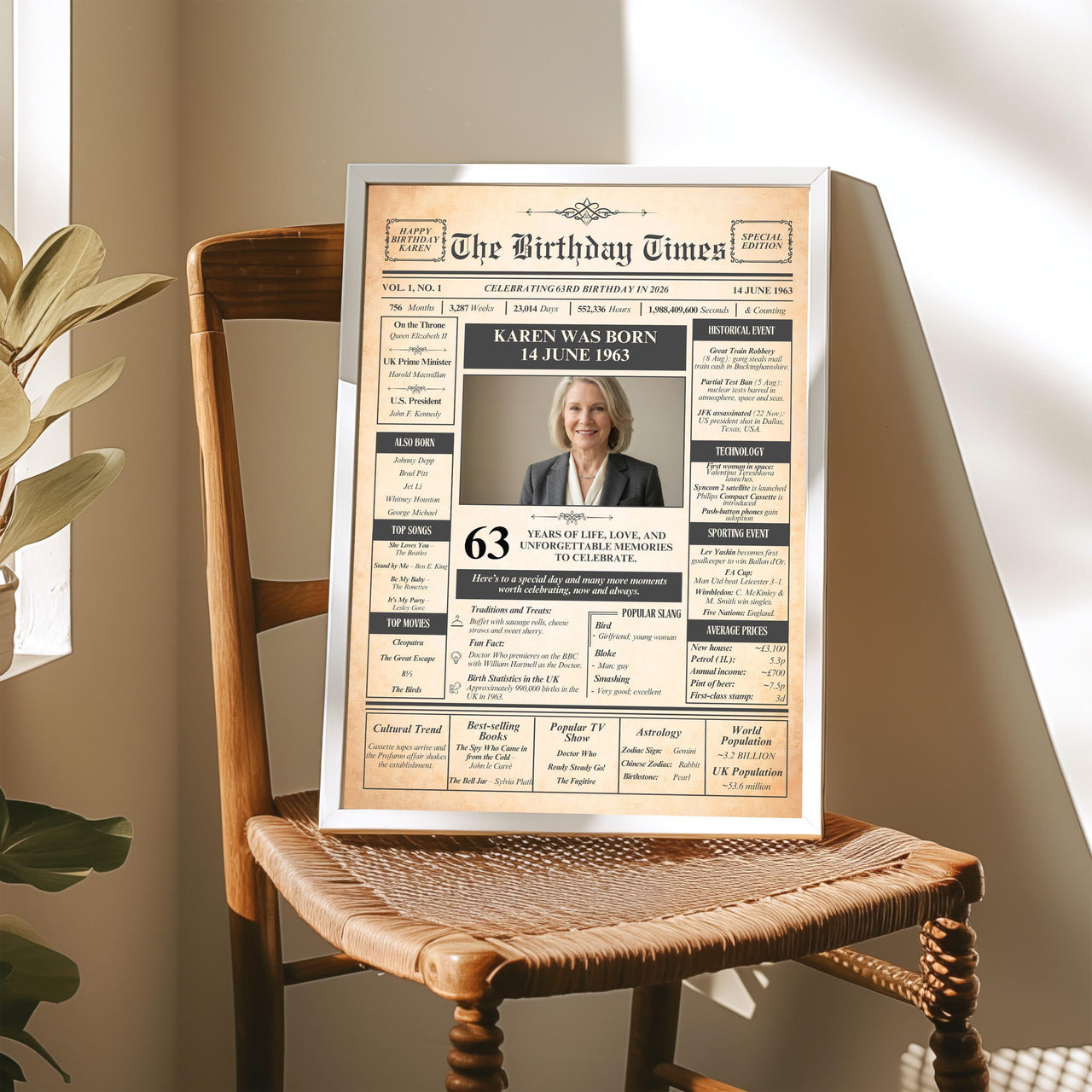 White framed photo front page birthday print for Karen on a rattan chair by a sunny window