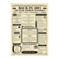 Unframed newspaper style birthday print showing year facts, prices, songs and sporting news columns