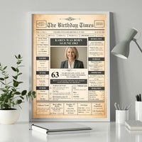 Birthday front page print with photo and date 14 June 1963, framed on a white desk with a lamp and plant