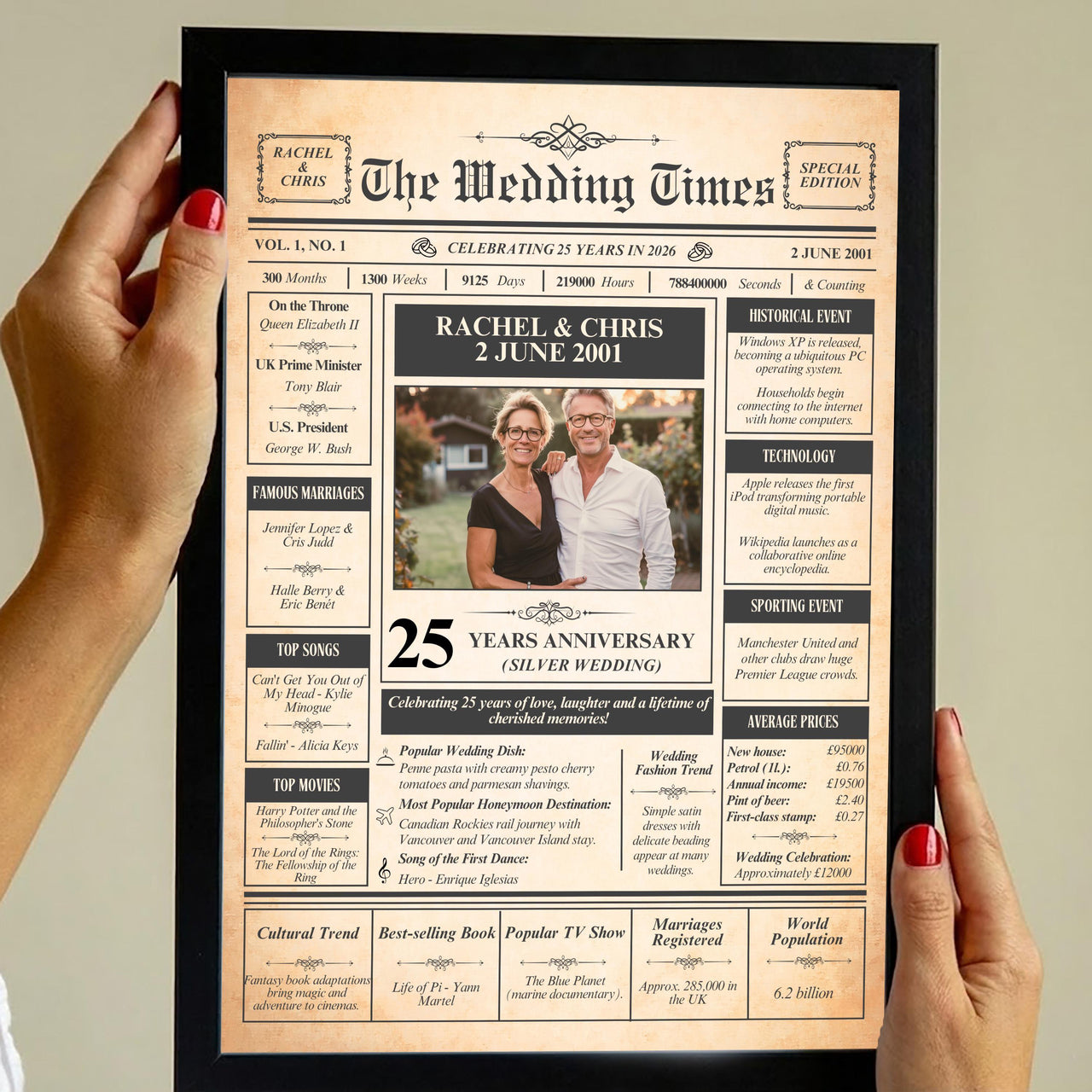 Hands holding a black framed 25th anniversary newspaper style print with a couple photo, names and wedding date