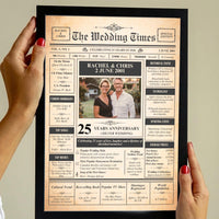 Hands holding a black framed 25th anniversary newspaper style print with a couple photo, names and wedding date