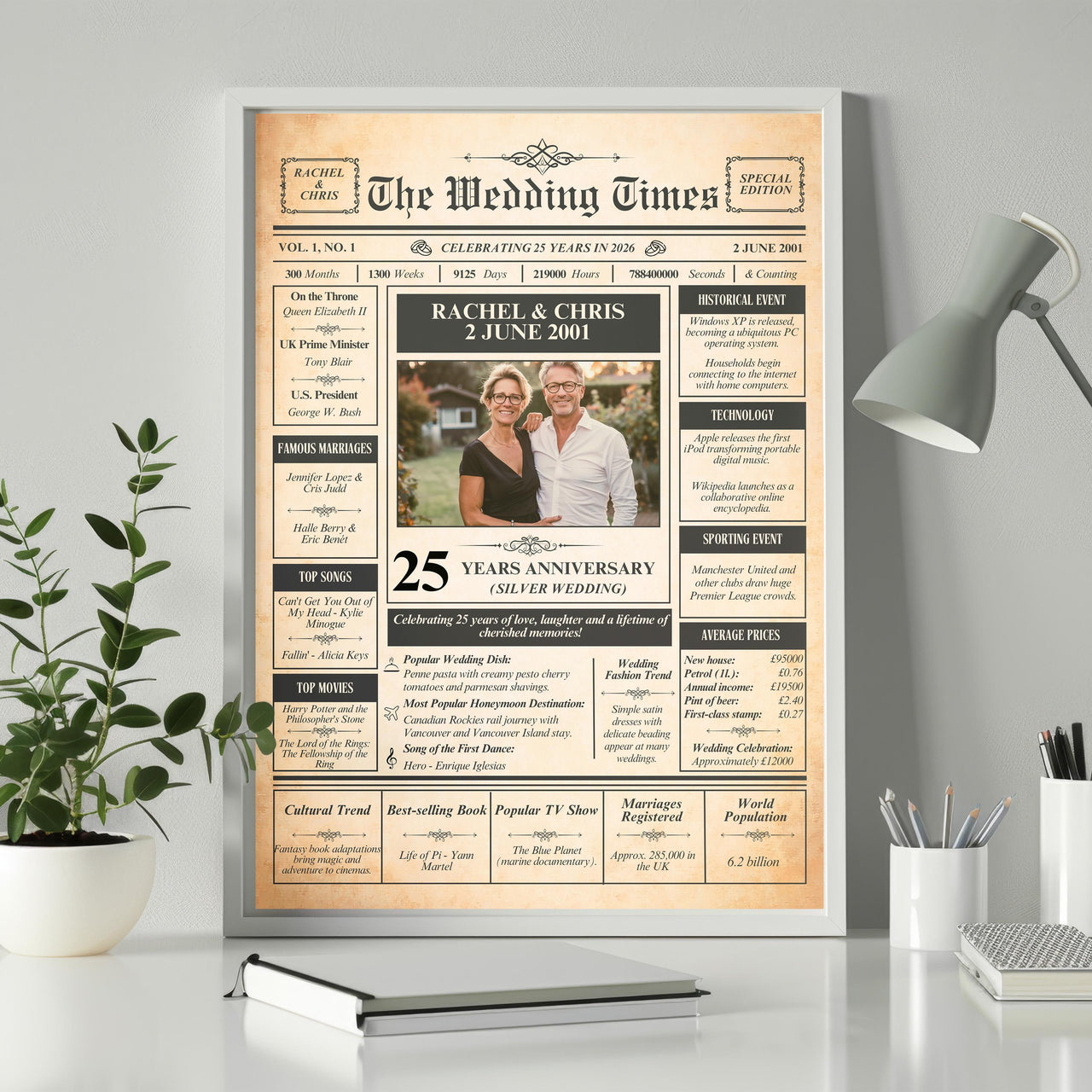Silver wedding newspaper style print in a grey frame on a white desk beside a lamp, plant and notebook